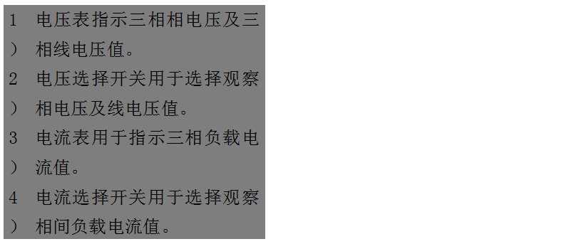文本框: 1）	電壓表指示三相相電壓及三相線電壓值。
2）	電壓選擇開關用于選擇觀察相電壓及線電壓值。
3）	電流表用于指示三相負載電流值。
4）	電流選擇開關用于選擇觀察相間負載電流值。
5）	運行時間表用于指示柴油發(fā)電機組的累計運行時間。
6）	機油壓力表用于指示機組運行時的機油壓讀數(shù)。
7）	水溫表用于指示冷卻液溫度數(shù)值。
8）	頻率/轉速表用于指示輸出電力的頻率和機組的轉速。
9）	電池電壓表用于指示電池的充電電壓。

